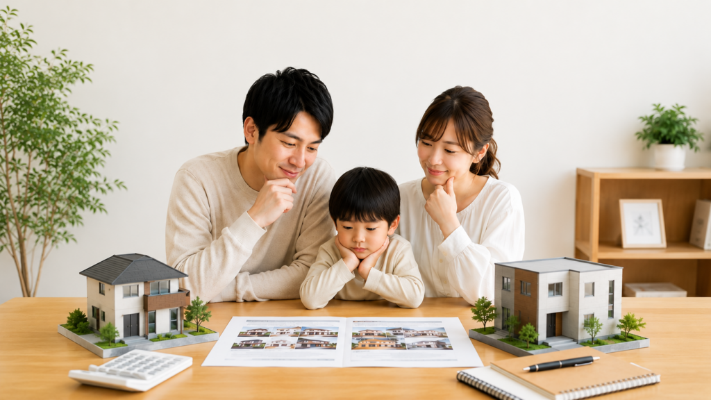 建売住宅と注文住宅を比較する子育て世代の家族